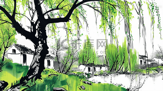 水彩风景绿色插画图片_水彩水墨绿色江南风景如画的插画3