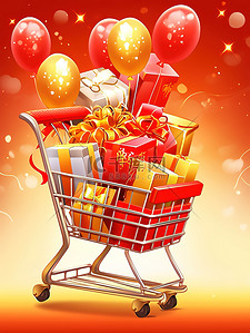 年货礼盒插画图片_购物车礼盒和气球节日大促图片