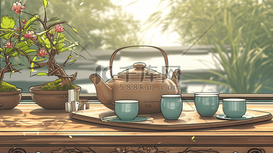 手绘中式庭院茶桌上摆放茶壶的插画10