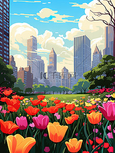 春天城市中央公园花朵插画海报
