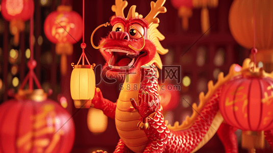 中国春节龙年卡通摆件有灯笼的插画