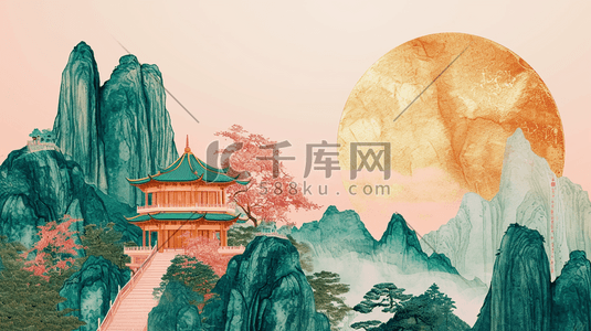 彩色平铺装饰设计山水风景风光插画6