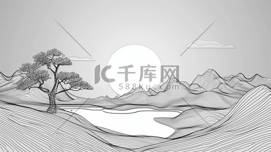 黑白素描插画图片_手绘线条黑白色夕阳下山脉的插画1