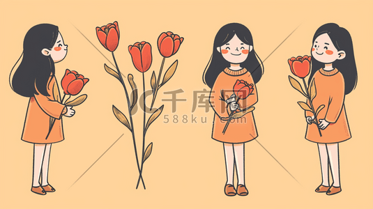 卡通漂亮女孩手拿花朵花束的插画2