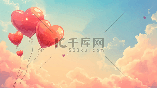 简约渐变红色插画图片_彩色渐变爱心气球飞上天空的插画9