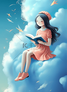女子读书云朵幻想超现实插画