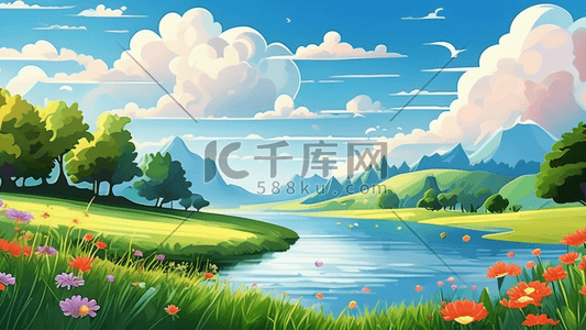 艺术风格背景插画图片_以绿草和鲜花以浪漫的河景风格为背景矢量插画