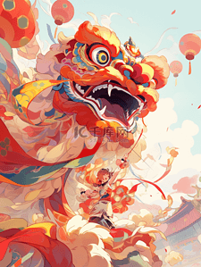 舞狮灯笼插画图片_新年氛围中国风舞龙舞狮插画素材