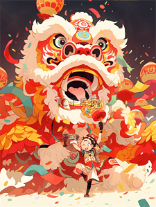 国潮喜庆元素插画图片_新年氛围中国风舞龙舞狮插画素材