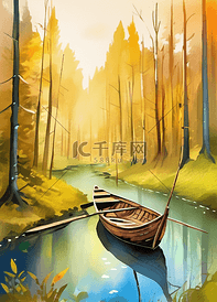 木船森林风景自然幻想插画河流