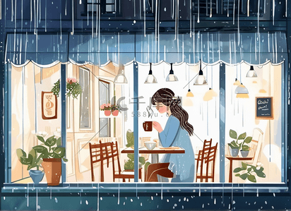 单独插画图片_女孩咖啡馆窗户喝咖啡单独城市夜晚插画