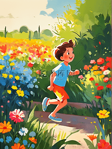 自然色插画图片_儿童春天跑步花园绿色花自然插图