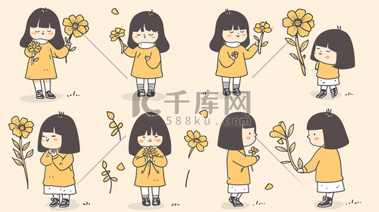 卡通女孩平面手拿花朵的插画12