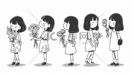 卡通女孩平面插画图片_卡通女孩平面手拿花朵的插画78