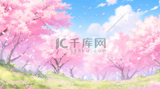 蓝天白云下户外粉色树木的插画2