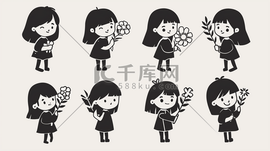 卡通女孩平面手拿花朵的插画6