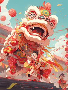 新年喜庆元素插画图片_新年氛围中国风舞龙舞狮插画素材