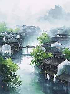 江南水乡水彩风景如画的唯美插画14