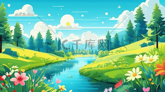 童装童鞋背景插画图片_绿色的植物和花朵童书插画风格为背景