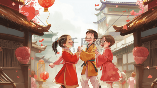 中式国潮喜庆插画图片_春节新年场景插画素材
