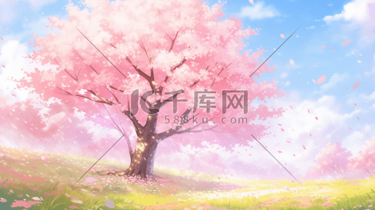 蓝天白云下户外粉色树木的插画1