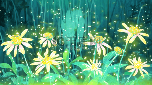 自然风景湖水荷花叶子植物卡通绿色插画设计