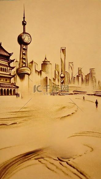 非遗沙画艺术上海风光自然风景沙画插画海报
