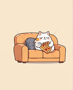 一个卡通披萨插画图片_懒猫沙发客厅躺平吃披萨可爱萌宠插画
