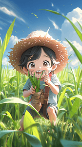 谷雨节日海报插画图片_可爱的男孩在田园里手绘插画