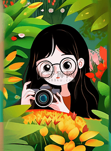 照相机摄影插画图片_绿色春天女孩照相机摄影旅行户外花园图片