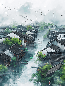 简约大气水彩插画图片_江南水乡水彩风景如画的唯美插画16