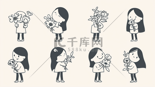 卡通女孩平面手拿花朵的插画3