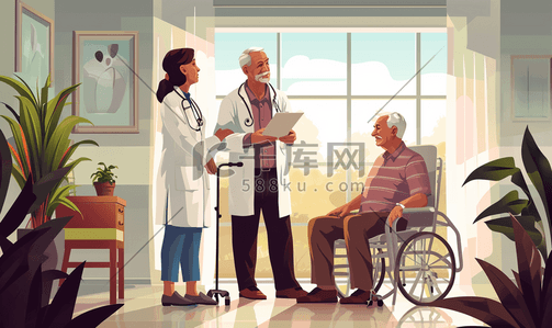 看护老人插画图片_医生安抚养老院的老人