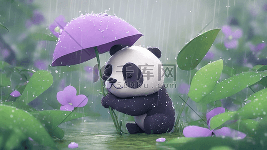 熊猫可爱自然风景卡通下雨笑插图