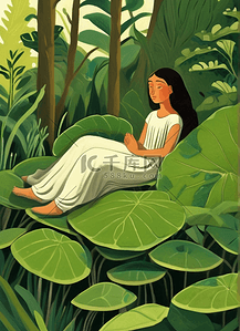 女孩森林冒险旅游蓝绿色自然风景插画极简