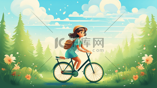 空气治理插画图片_一个骑自行车的女孩充满活力的空气场景原创插画