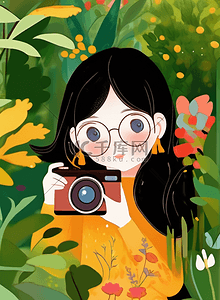 照相机摄影插画图片_绿色春天女孩照相机摄影旅行户外花园插画海报