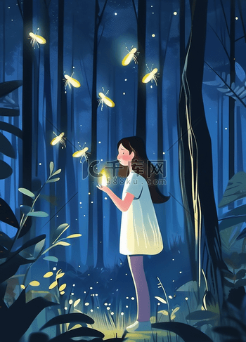 女孩森林萤火虫夜晚月亮幻想插画素材