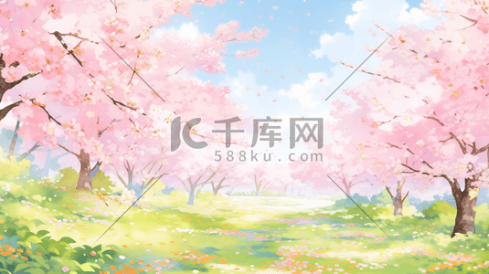蓝天白云下户外粉色树木的插画4