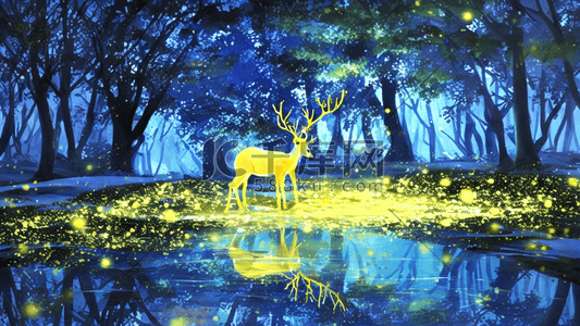 鹿黄色插画图片_鹿森林金色黄色湖树木自然风景原创插画
