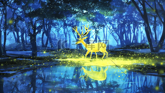 鹿黄色插画图片_鹿森林金色黄色湖树木自然风景插画设计