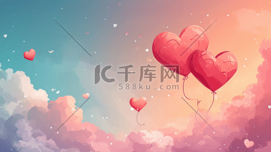 爱心气球插画图片_彩色渐变爱心气球飞上天空的插画4