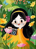 绿色春天女孩照相机摄影旅行户外花园插图