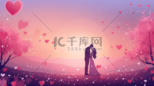送出一份爱心插画图片_星空浪漫唯美下情侣相拥相吻的插画3