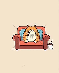 懒猫沙发客厅躺平吃披萨可爱萌宠插画海报