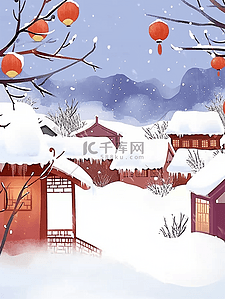 中国风雪乡插画简约下雪