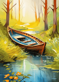 木船森林风景自然幻想插画河流