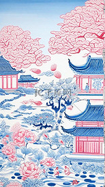 非遗中国传统蜡染园林山水亭台楼阁插画设计