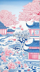 传统纹理纹理插画图片_非遗中国传统蜡染园林山水亭台楼阁插画设计