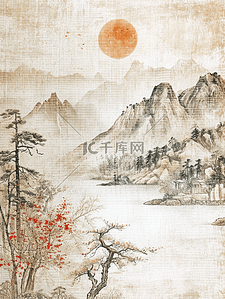 水彩国画山水风景风光简约大气插画11